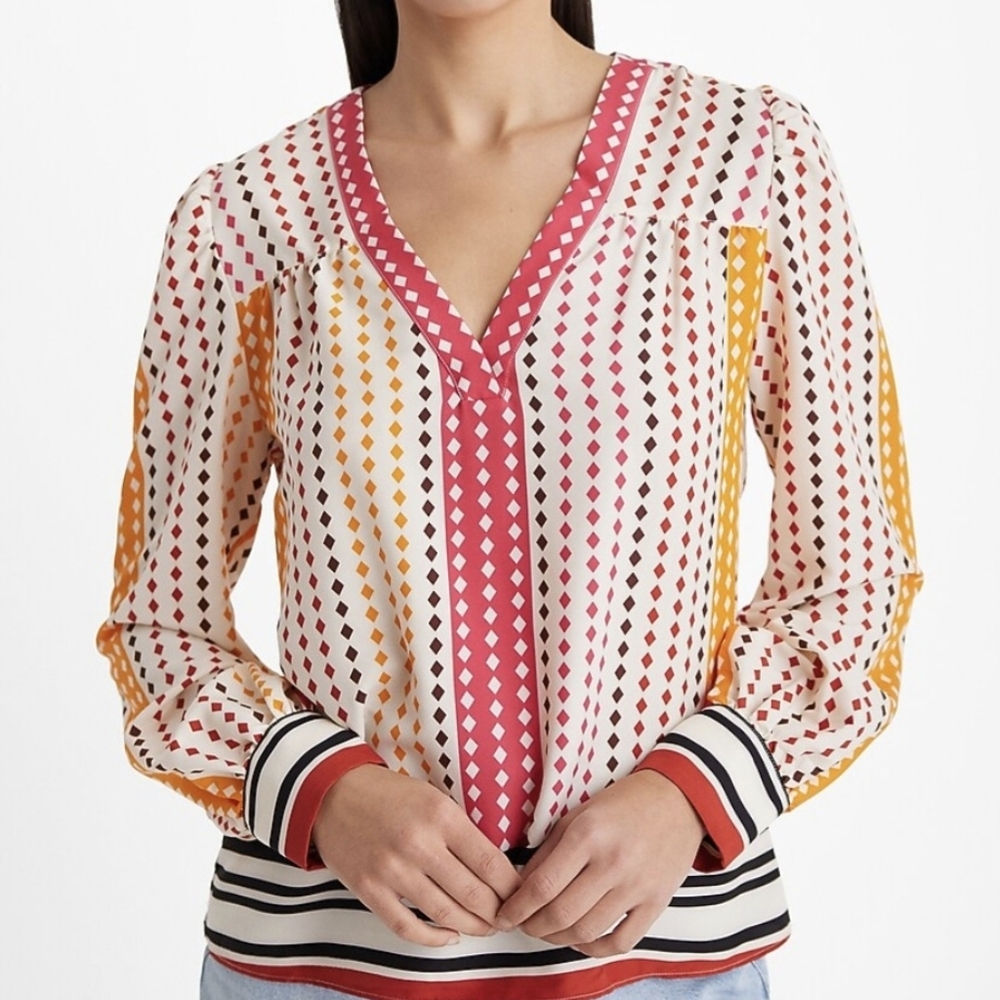 Express Printed V-Neck Long Sleeve Gathered Front Blouse